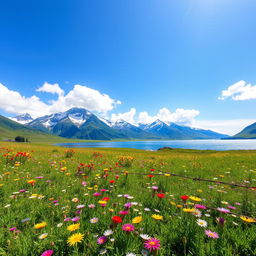 A vibrant, picturesque landscape featuring a lush green meadow adorned with colorful wildflowers under a bright blue sky