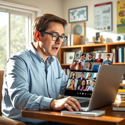 A realistic depiction of a teacher conducting an online video class from a cozy home office