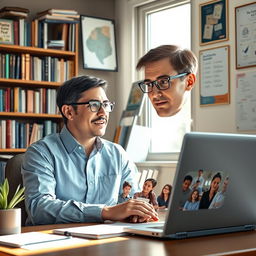 A realistic depiction of a teacher conducting an online video class from a cozy home office