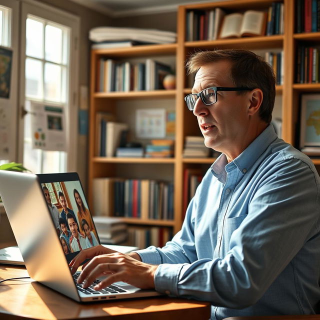 A realistic depiction of a teacher conducting an online video class from a cozy home office