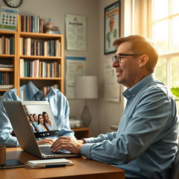 A realistic depiction of a teacher conducting an online video class from a cozy home office