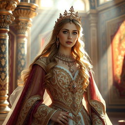 A majestic portrait of Parmis, the legendary Hakhamanash queen of Iran, depicted in an ethereal, regal setting