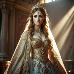 A majestic portrait of Parmis, the legendary Hakhamanash queen of Iran, depicted in an ethereal, regal setting