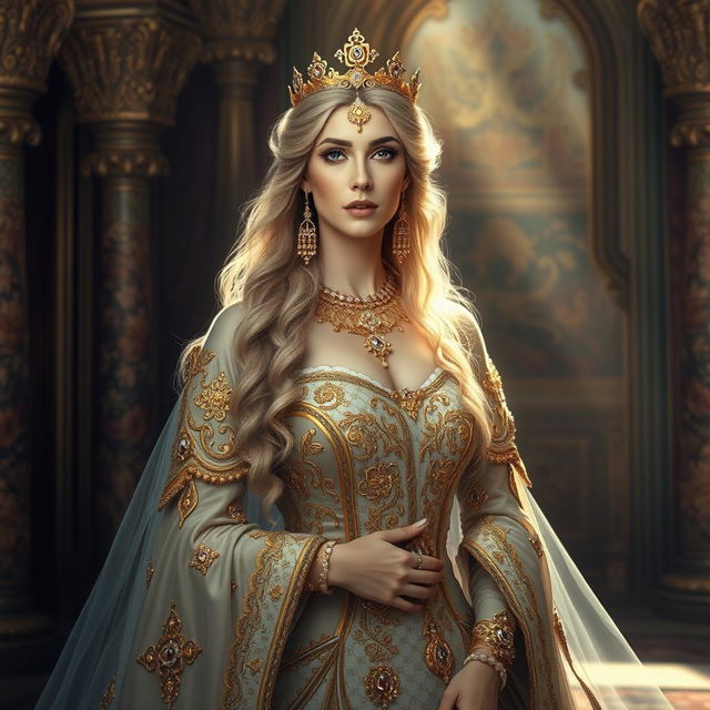 A majestic portrait of Parmis, the legendary Hakhamanash queen of Iran, depicted in an ethereal, regal setting