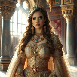 A majestic portrait of Parmis, the legendary Hakhamanash queen of Iran, depicted in an ethereal, regal setting