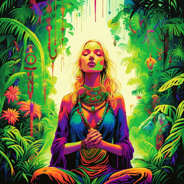 A high-quality digital art illustration of a 27-year-old blonde white woman who identifies as a shaman, using Ayahuasca for spiritual enlightenment