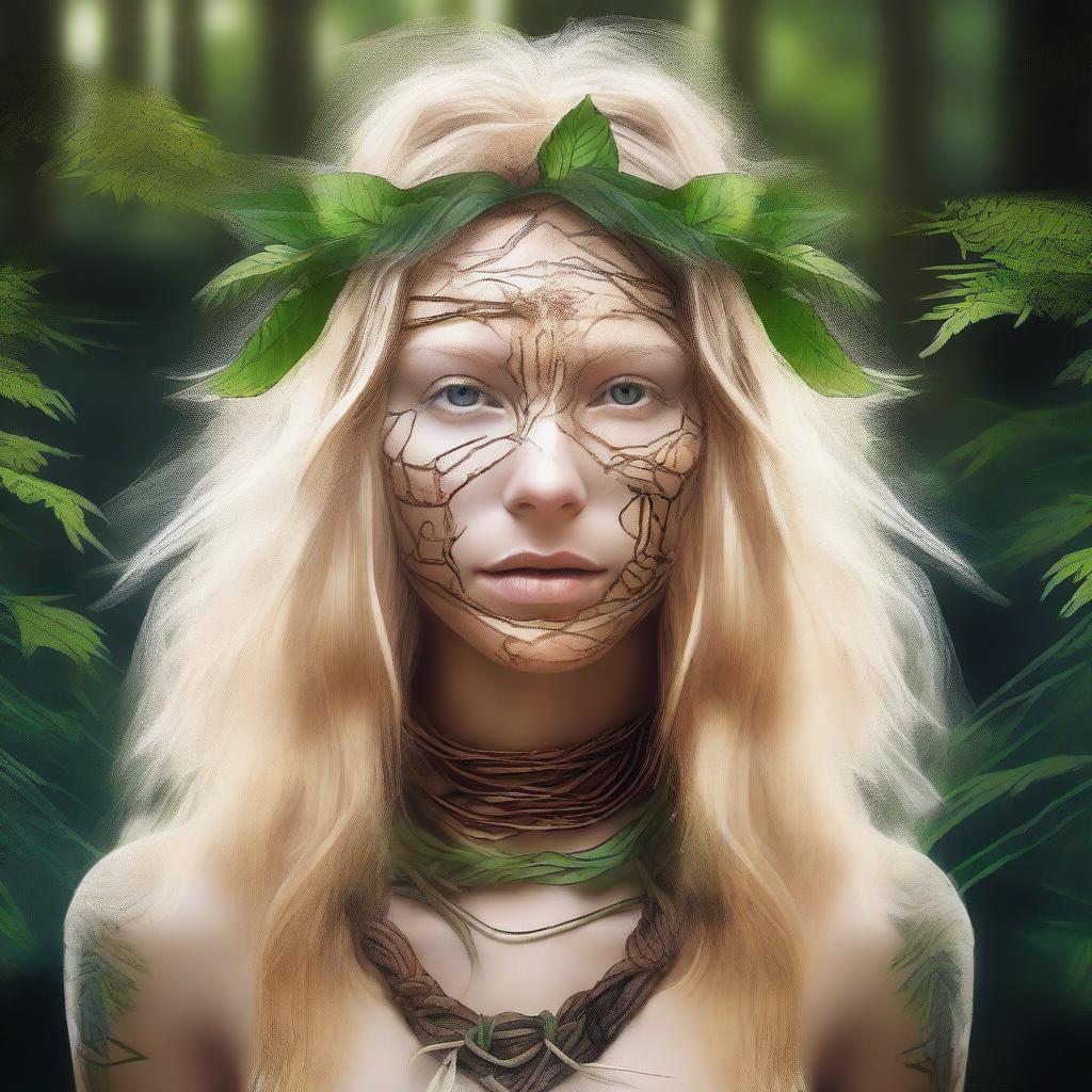 This high-quality digital art portrays an intense image of a 27-year-old blonde white woman, whose identity is deeply rooted in the use of Ayahuasca and shamanism