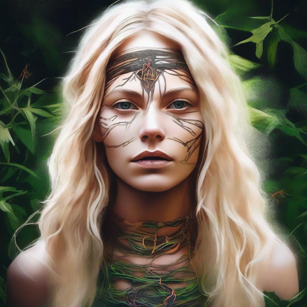 This high-quality digital art portrays an intense image of a 27-year-old blonde white woman, whose identity is deeply rooted in the use of Ayahuasca and shamanism