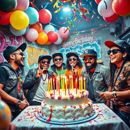 A vibrant and colorful birthday celebration scene with a gangsta theme
