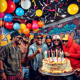 A vibrant and colorful birthday celebration scene with a gangsta theme
