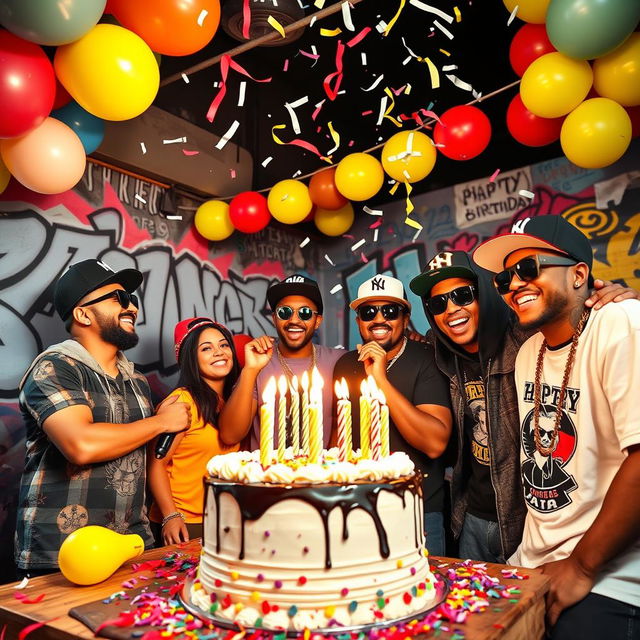 A vibrant and colorful birthday celebration scene with a gangsta theme