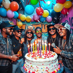 A vibrant and colorful birthday celebration scene with a gangsta theme