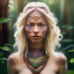 This high-quality digital art portrays an intense image of a 27-year-old blonde white woman, whose identity is deeply rooted in the use of Ayahuasca and shamanism