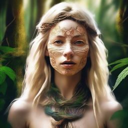 This high-quality digital art portrays an intense image of a 27-year-old blonde white woman, whose identity is deeply rooted in the use of Ayahuasca and shamanism