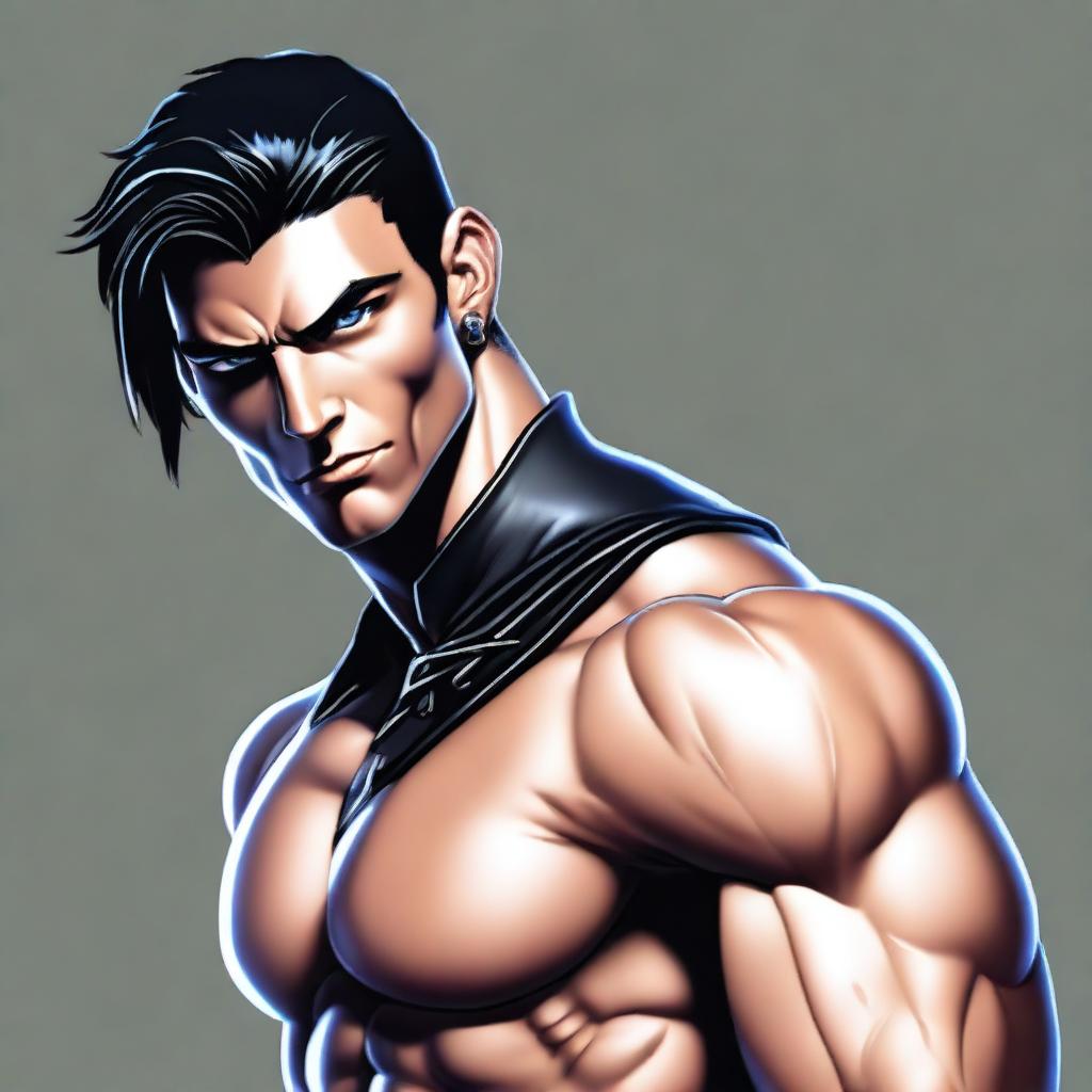 A high-quality digital art image featuring a tall, handsome, muscular young man with jet black hair and piercing blue eyes