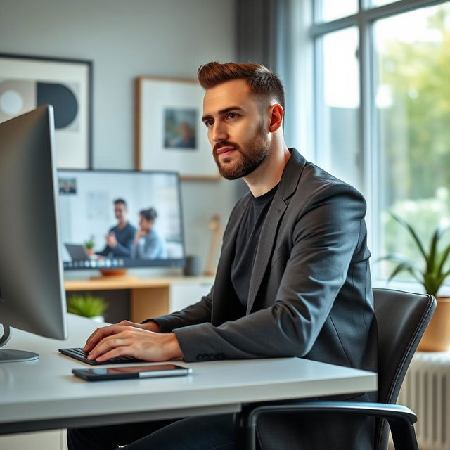 A modern setting showcasing a man giving an online lecture through his computer