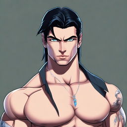 A high-quality digital art image featuring a tall, handsome, muscular young man with jet black hair and piercing blue eyes