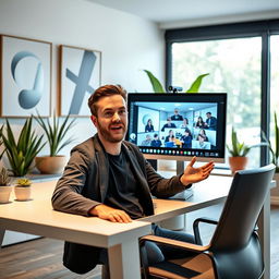 A modern setting showcasing a man giving an online lecture through his computer