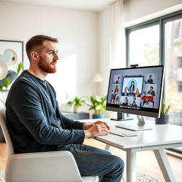 A modern setting showcasing a man giving an online lecture through his computer