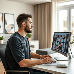 A modern setting showcasing a man giving an online lecture through his computer