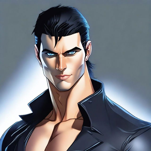 A high-quality digital art image featuring a tall, handsome, muscular young man with jet black hair and piercing blue eyes