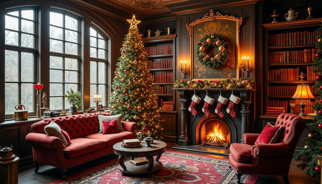 A cozy steampunk-themed Christmas home interior, beautifully decorated for the holidays