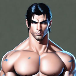 A high-quality digital art image featuring a tall, handsome, muscular young man with jet black hair and piercing blue eyes