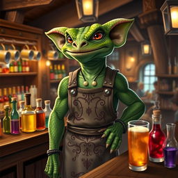 A majestic green-skinned Kobold bartender standing behind a wooden bar filled with an array of colorful potions and drinks