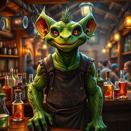 A majestic green-skinned Kobold bartender standing behind a wooden bar filled with an array of colorful potions and drinks