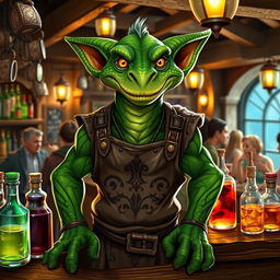 A majestic green-skinned Kobold bartender standing behind a wooden bar filled with an array of colorful potions and drinks
