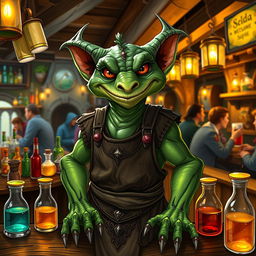 A majestic green-skinned Kobold bartender standing behind a wooden bar filled with an array of colorful potions and drinks
