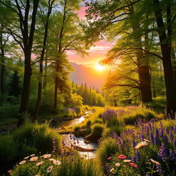 A vibrant forest landscape during golden hour, showcasing towering trees with bright green leaves, shafts of soft sunlight filtering through the branches, casting playful shadows on the ground