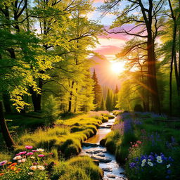 A vibrant forest landscape during golden hour, showcasing towering trees with bright green leaves, shafts of soft sunlight filtering through the branches, casting playful shadows on the ground