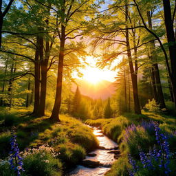 A vibrant forest landscape during golden hour, showcasing towering trees with bright green leaves, shafts of soft sunlight filtering through the branches, casting playful shadows on the ground