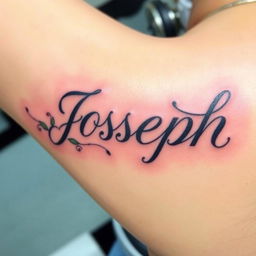 A beautifully designed tattoo featuring the name 'Joseph' in elegant cursive script, incorporating decorative elements like vines or floral patterns intertwined with the letters