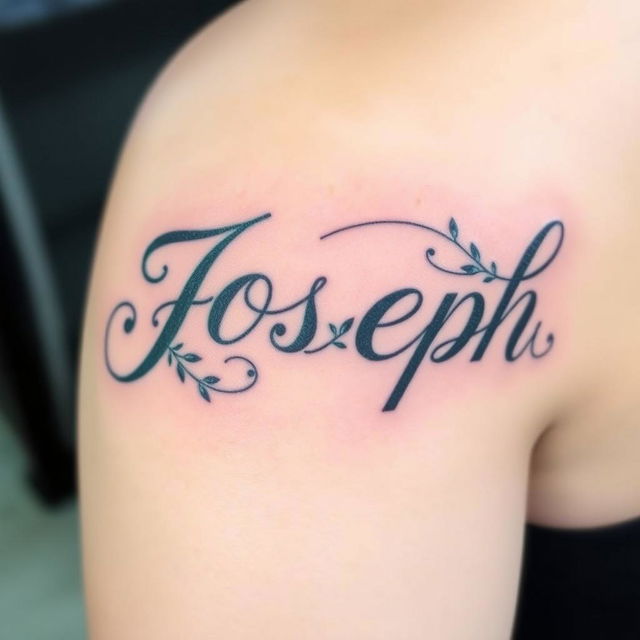 A beautifully designed tattoo featuring the name 'Joseph' in elegant cursive script, incorporating decorative elements like vines or floral patterns intertwined with the letters