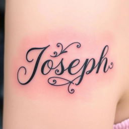 A beautifully designed tattoo featuring the name 'Joseph' in elegant cursive script, incorporating decorative elements like vines or floral patterns intertwined with the letters