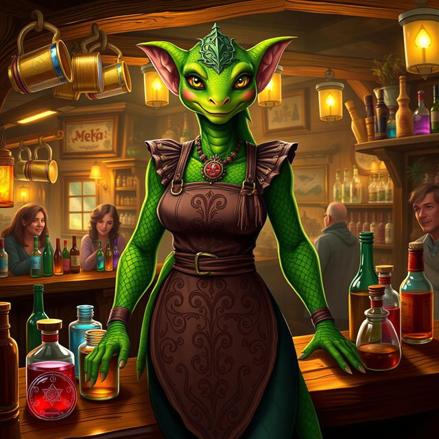 A majestic female green-skinned Kobold bartender standing gracefully behind a wooden bar, filled with an assortment of colorful potions and drinks