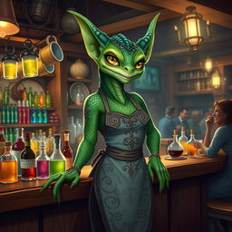 A majestic female green-skinned Kobold bartender standing gracefully behind a wooden bar, filled with an assortment of colorful potions and drinks