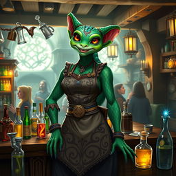 A majestic female green-skinned Kobold bartender standing gracefully behind a wooden bar, filled with an assortment of colorful potions and drinks