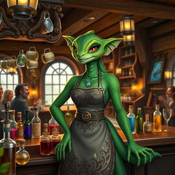 A majestic female green-skinned Kobold bartender standing gracefully behind a wooden bar, filled with an assortment of colorful potions and drinks