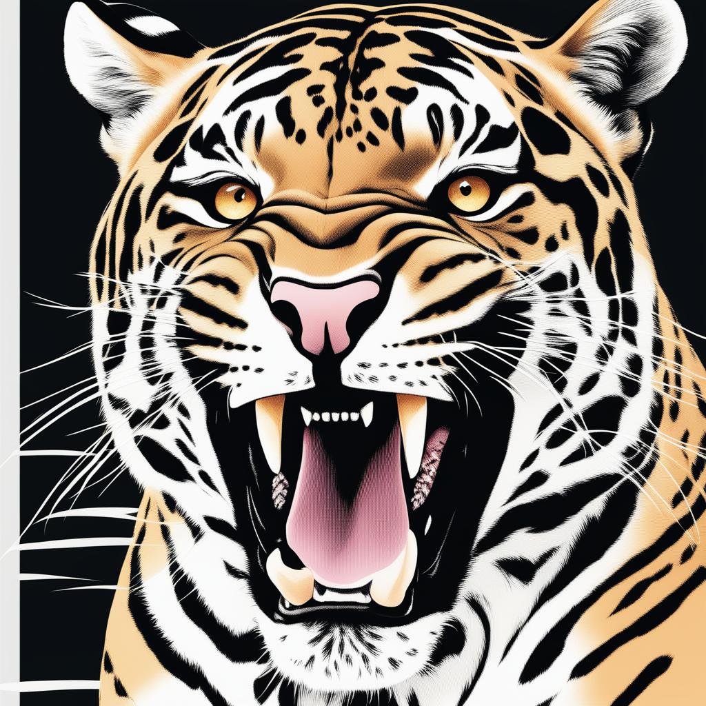 This is a high-quality digital sketch of a roaring jaguar against a black background