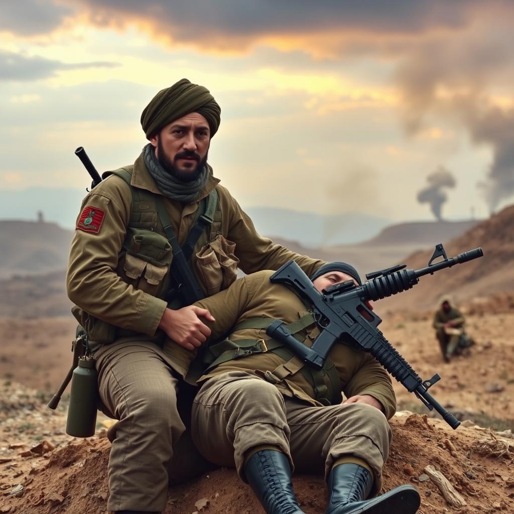 An Iranian soldier in the Iran-Iraq war, displaying bravery and camaraderie, helping a fellow comrade who is injured on the battlefield