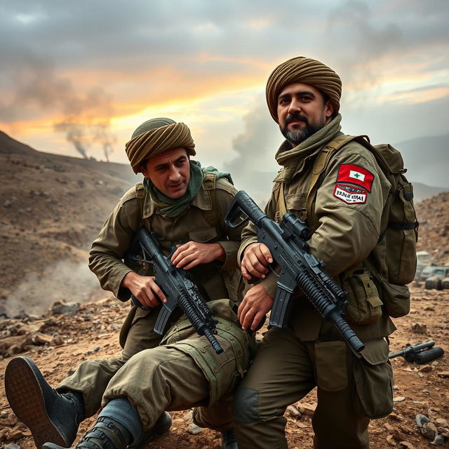 An Iranian soldier in the Iran-Iraq war, displaying bravery and camaraderie, helping a fellow comrade who is injured on the battlefield