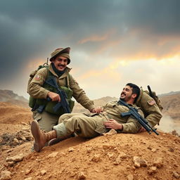 An Iranian soldier in the Iran-Iraq war, displaying bravery and camaraderie, helping a fellow comrade who is injured on the battlefield