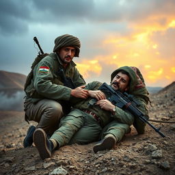 An Iranian soldier in the Iran-Iraq war, displaying bravery and camaraderie, helping a fellow comrade who is injured on the battlefield
