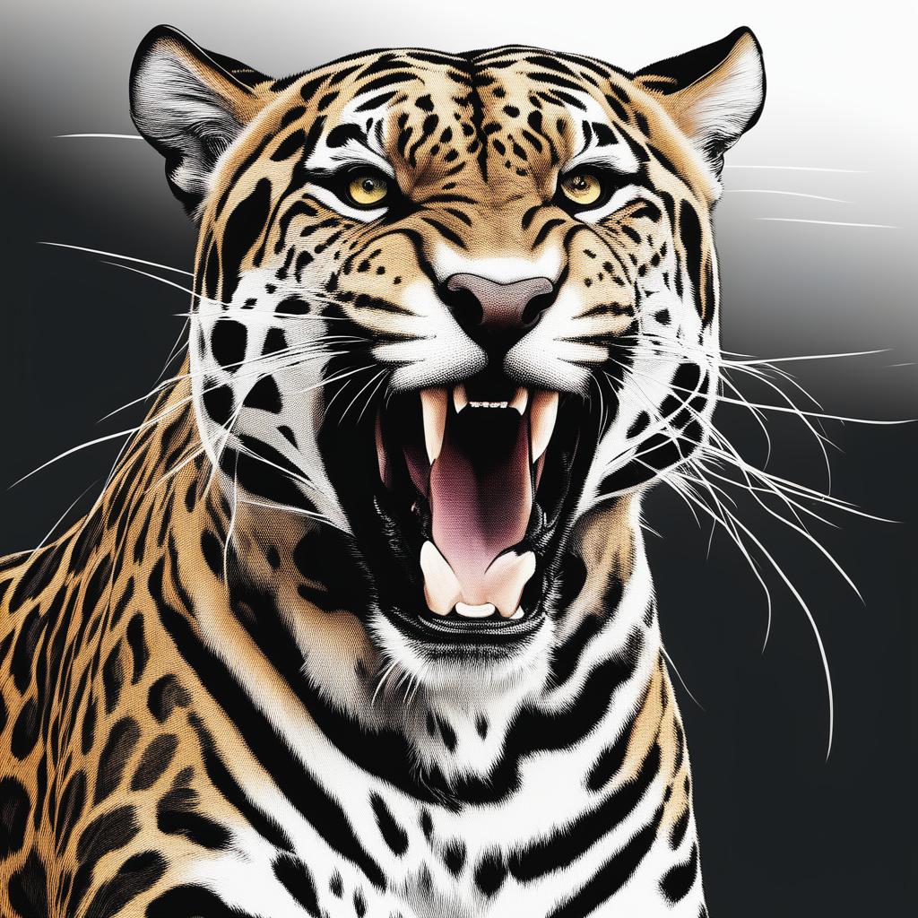 This is a high-quality digital sketch of a roaring jaguar against a black background