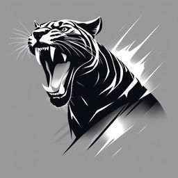 This is a highly minimalistic, black and white digital art image of a roaring black panther