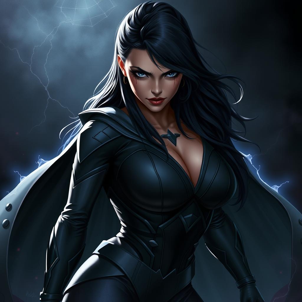 A dramatic portrayal of a powerful female superhero, inspired by Raven from Titans