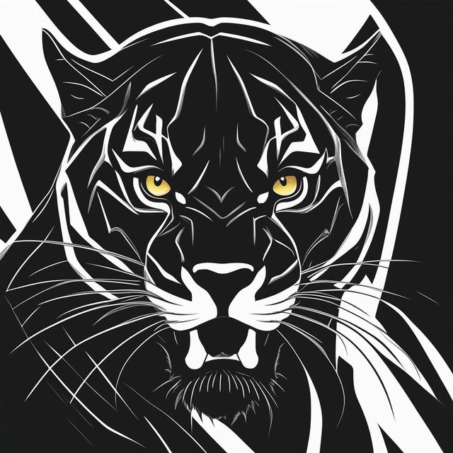 This is a highly minimalistic, black and white digital art image of a roaring black panther